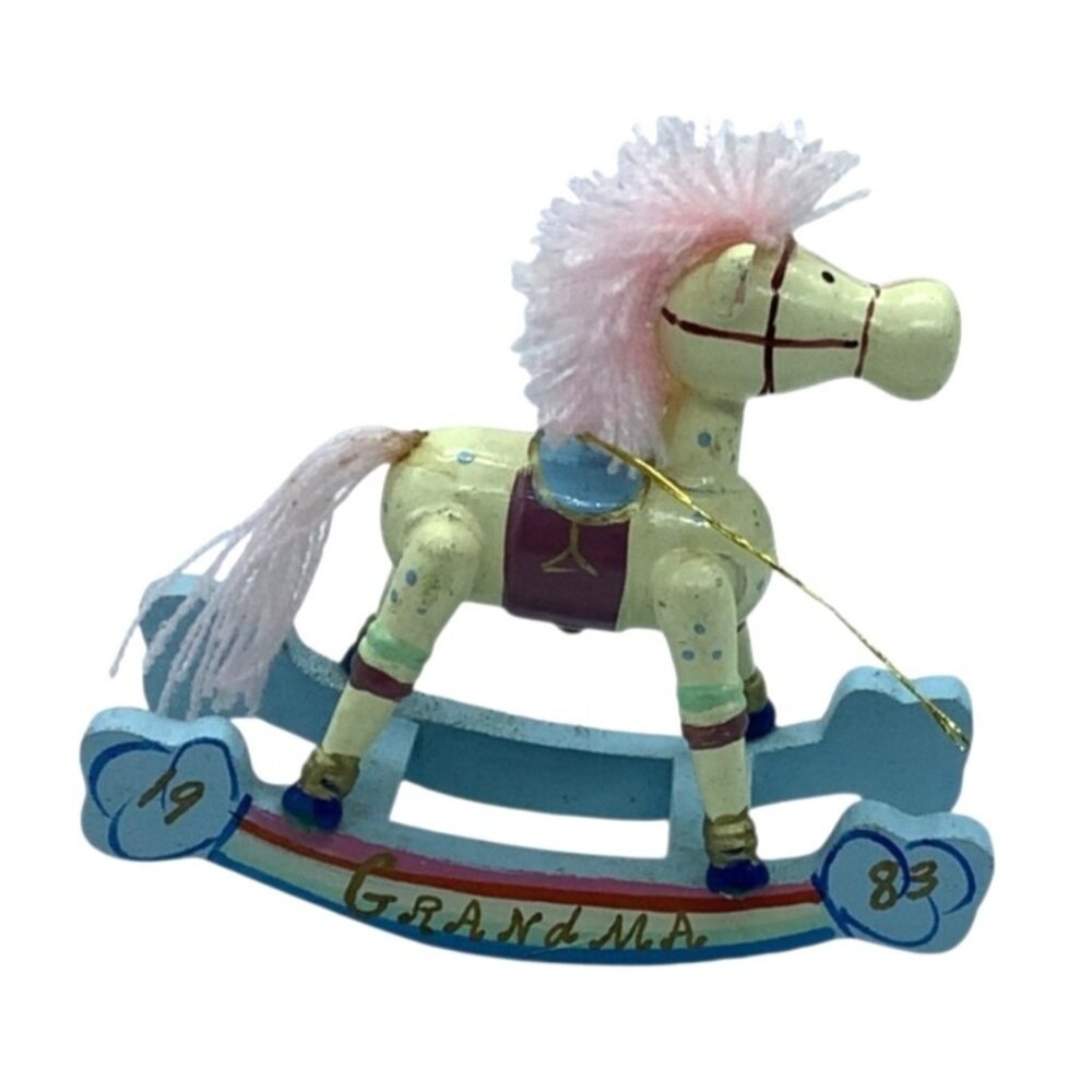 Vtg‎ 1983 Wooden Rocking Horse Ornament Figure Grandma Pink Mane 4.25" Long